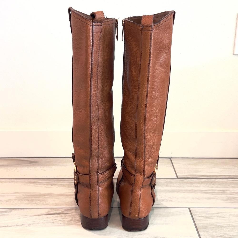 Tory Burch Amanda Riding Boot Women Tan Pebbled Leather Gold Logo Good Condition - Picture 6 of 11